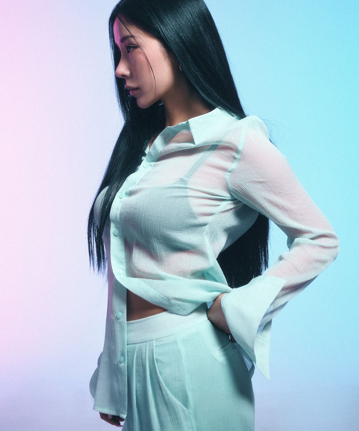 시데라(SIDERA) Whisper Glitter Sheer Shirt [Mint]
