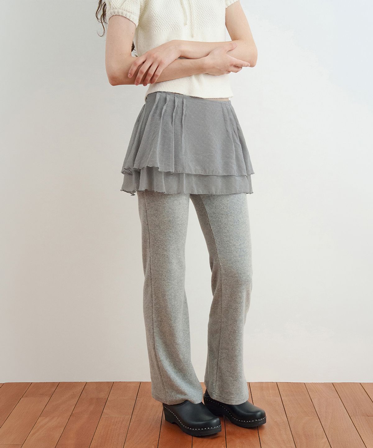 시눈(SINOON) Mesh Skirt Layered Pants (Grey)