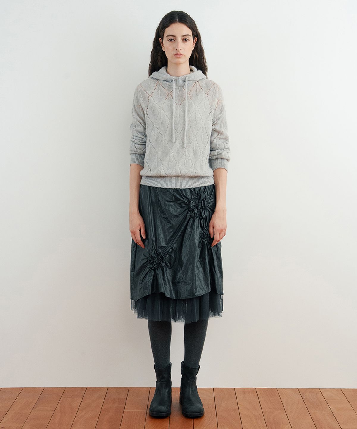 시눈(SINOON) Flower Shirring Skirt (Dark Navy)