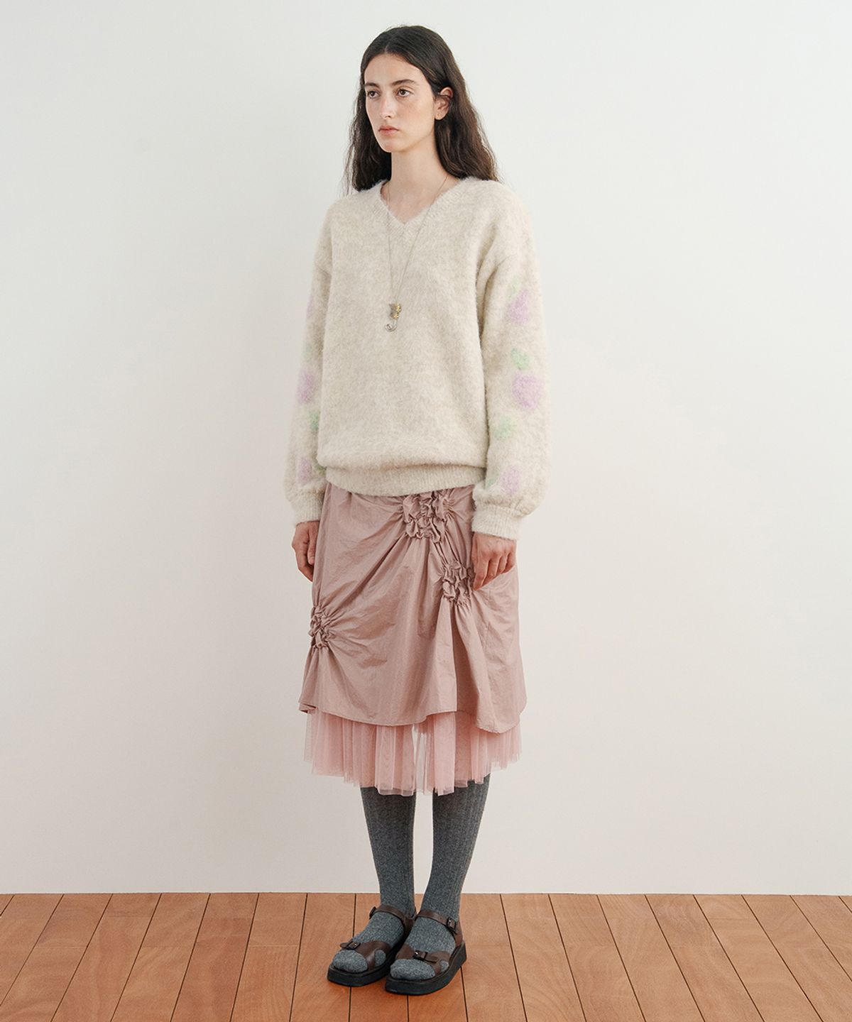 시눈(SINOON) Flower Shirring Skirt (Ash Pink)