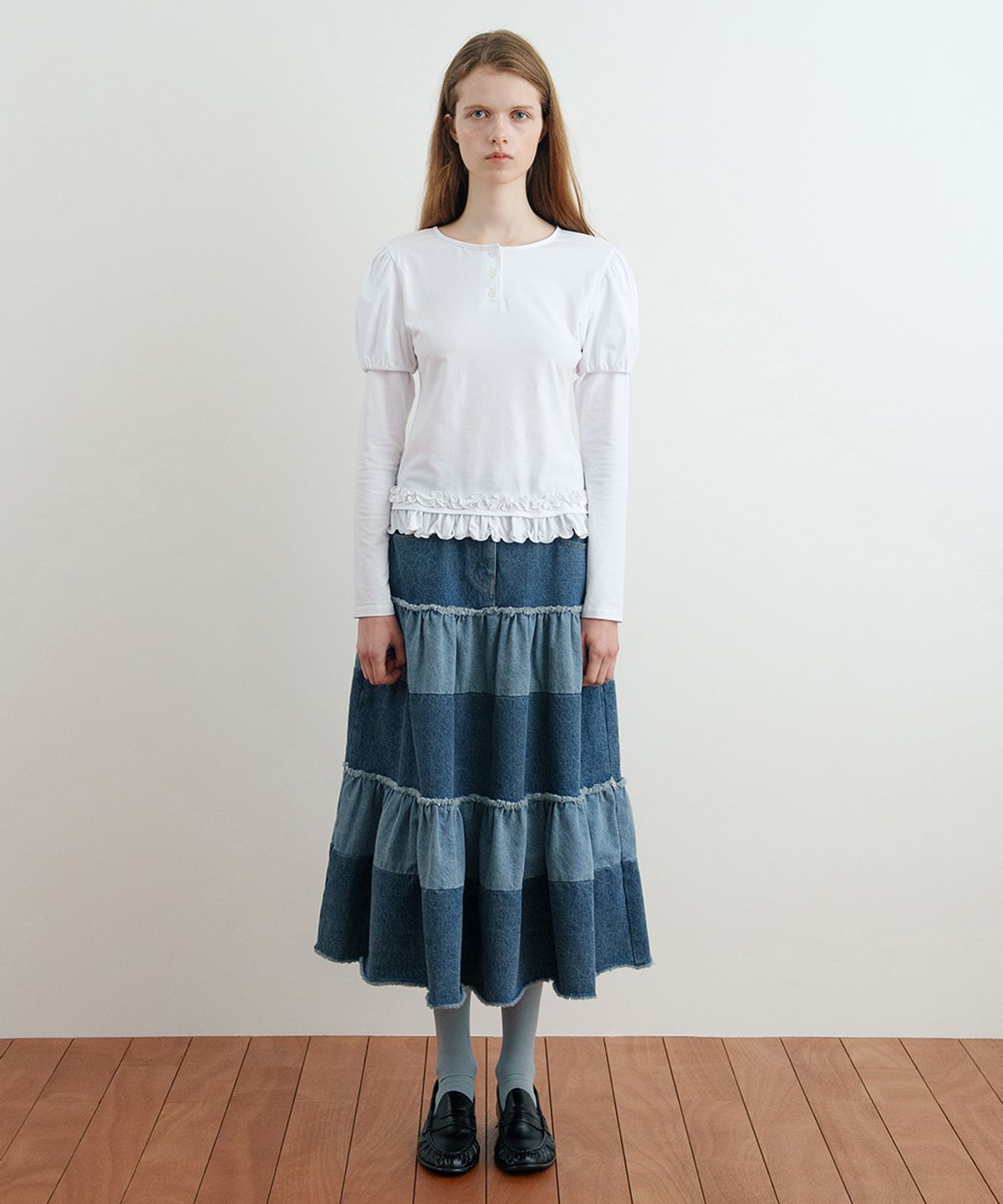 시눈(SINOON) Color Block Tiered Maxi Skirt (Indigo Blue)
