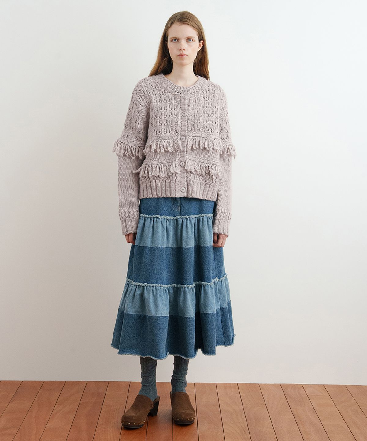 시눈(SINOON) Color Block Tiered Maxi Skirt (Indigo Blue)