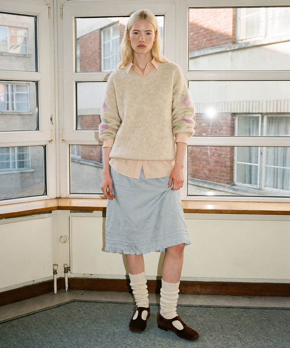 시눈(SINOON) Rose Cotton Skirt (Light Blue)