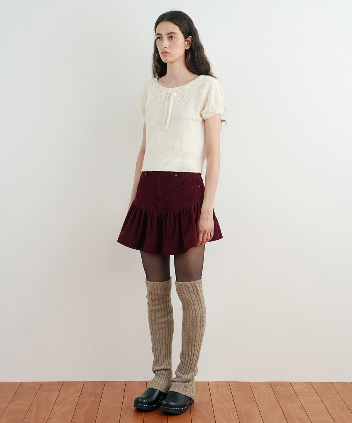 시눈(SINOON) Flare Corduroy Mini Skirt (Burgundy)