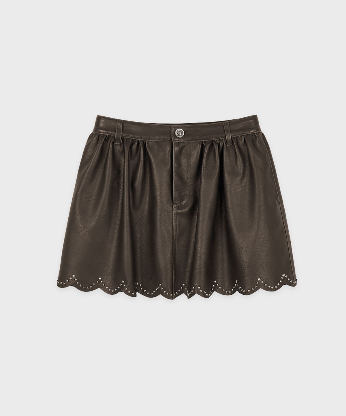 시눈(SINOON) Scalloped-Edge Faux Leather Mini Skirt (Brown)