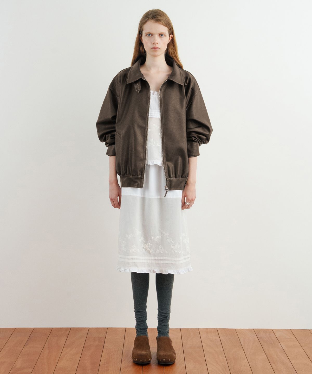 시눈(SINOON) Shirred Leather Blouson Jacket (Brown)