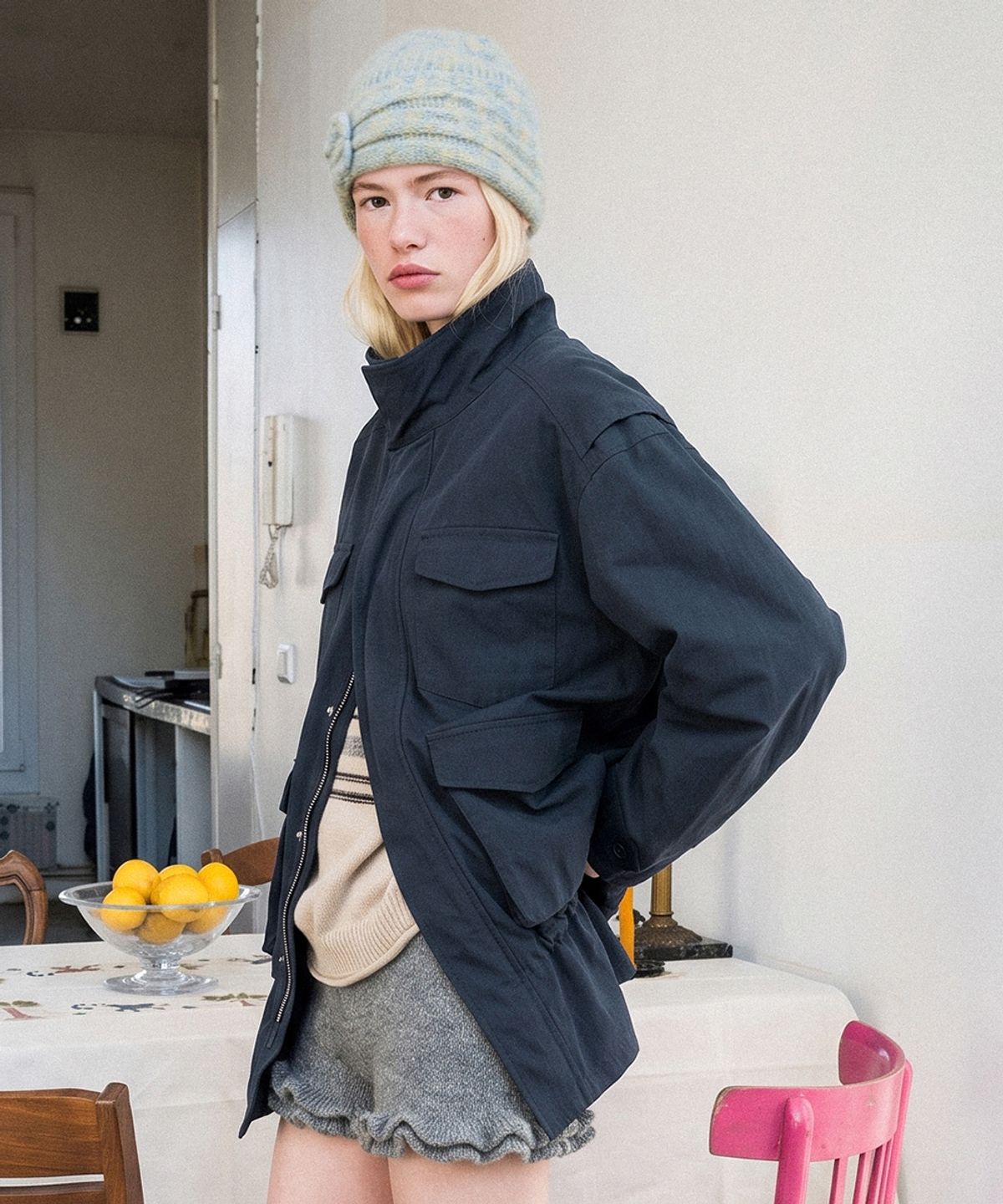 시눈(SINOON) Color Block Washed Work Jacket (Dusty Blue)