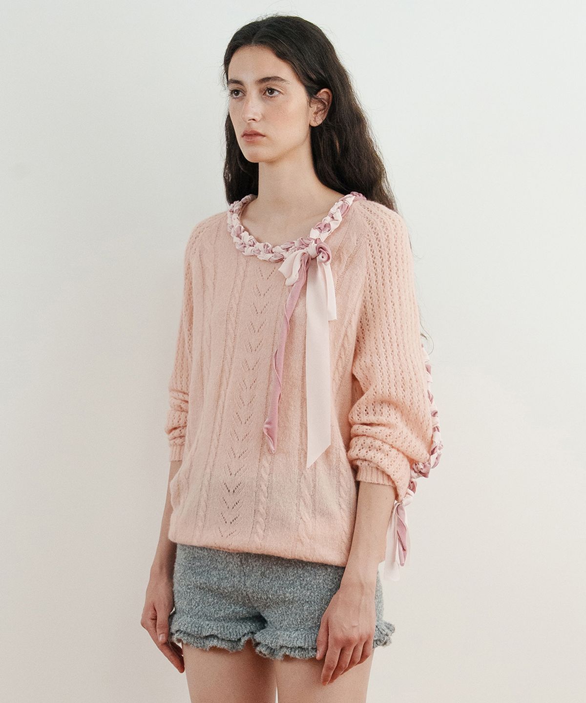 시눈(SINOON) Lace-Up Ribbon Knit (Pink)