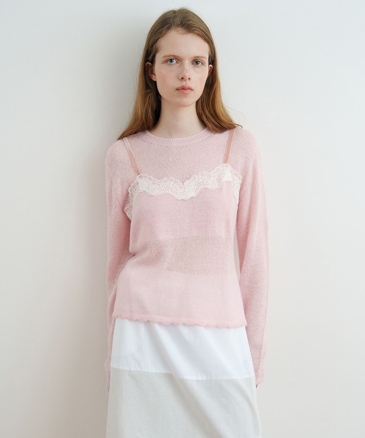 시눈(SINOON) Lace Patch Sheer Knit (Pink)