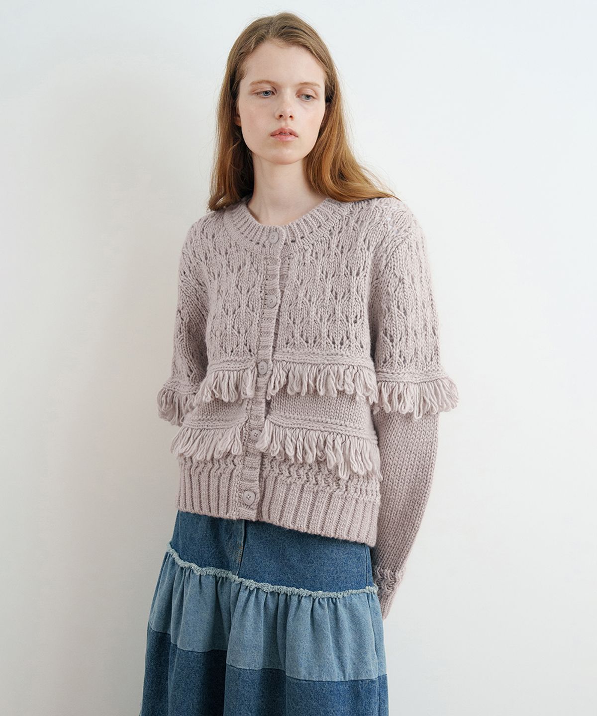 시눈(SINOON) Fringe Knit Cardigan (Grey)