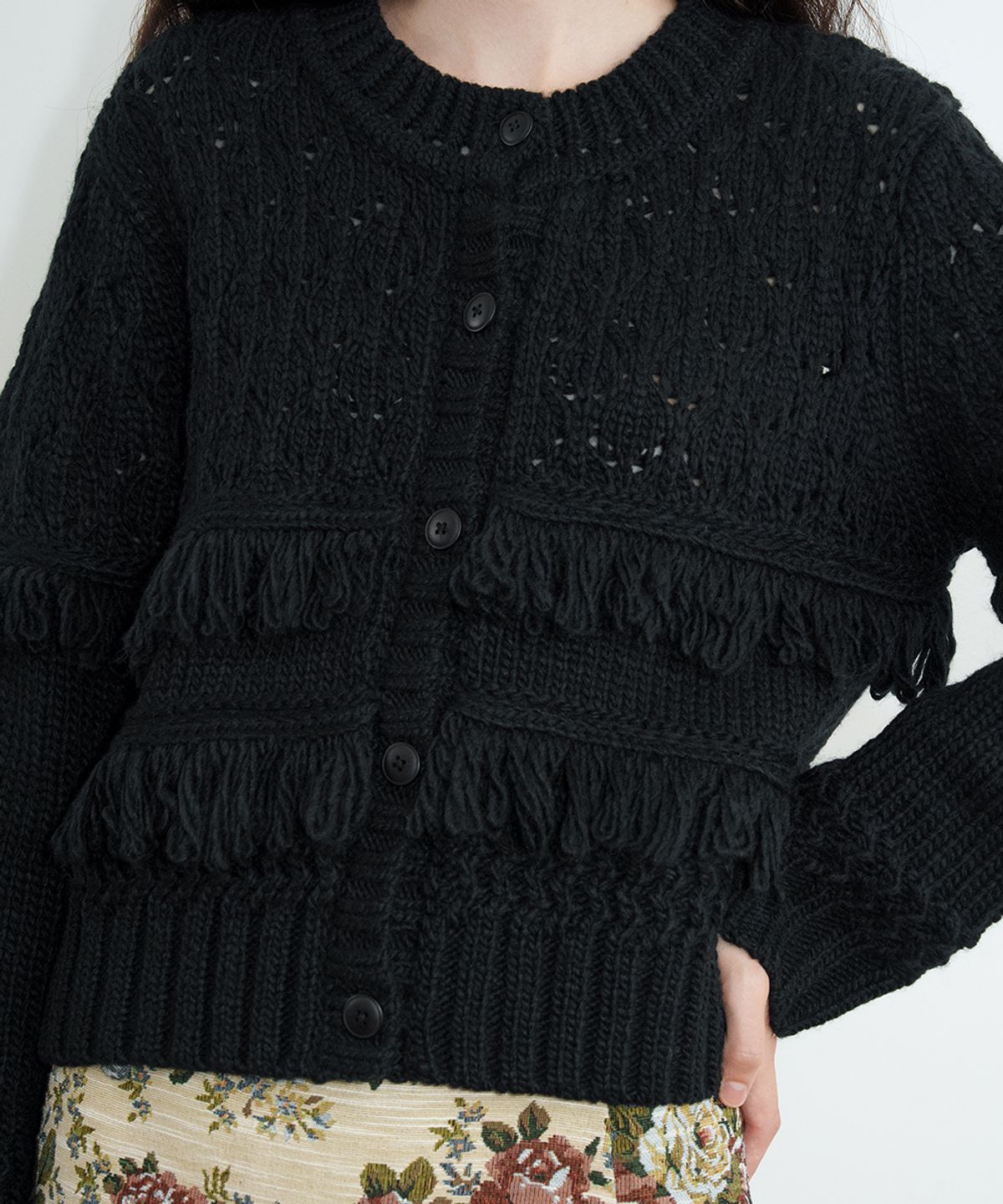 시눈(SINOON) Fringe Knit Cardigan (Black)