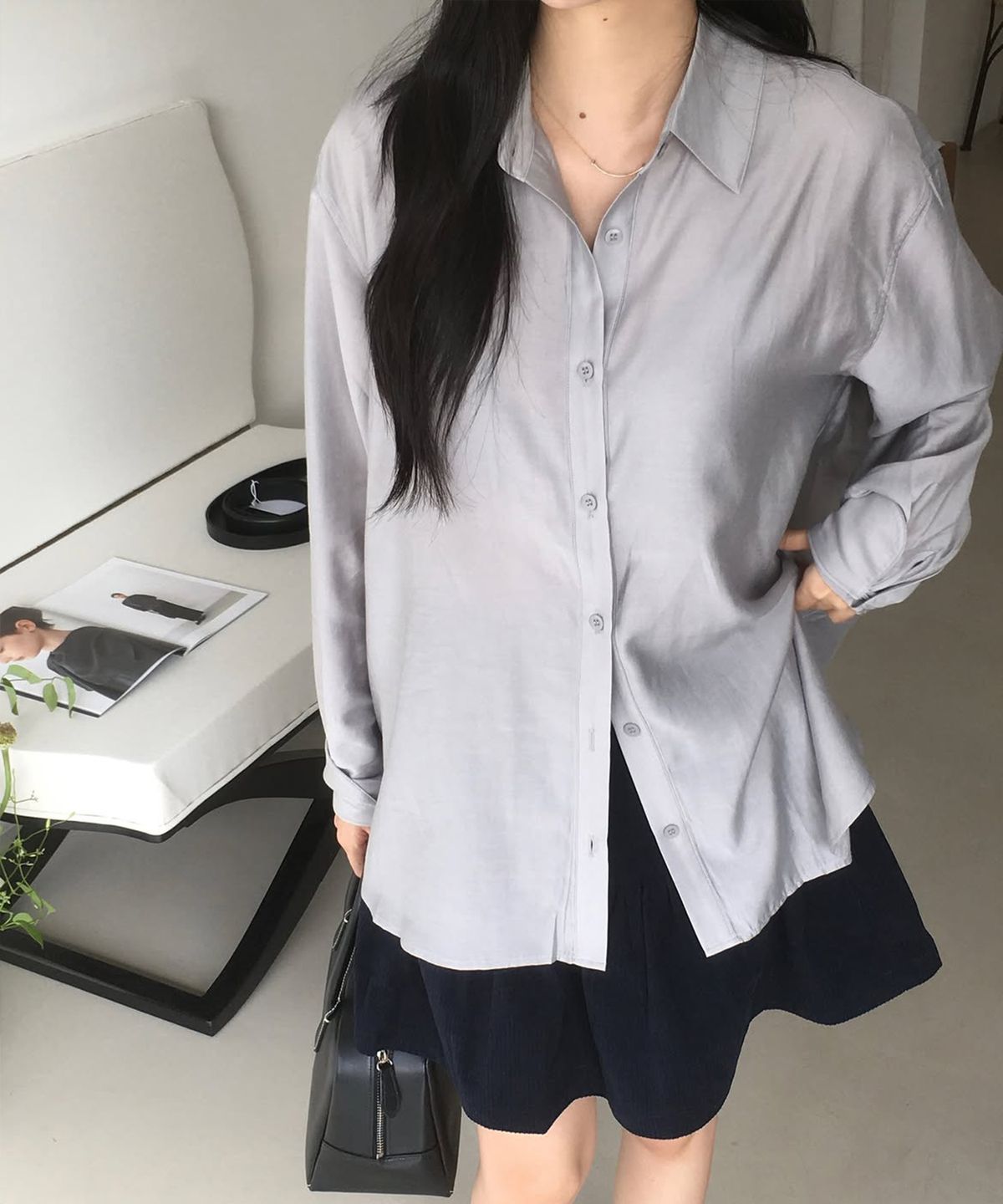 시눈(SINOON) Sheer Loose Shirt (Light Grey)
