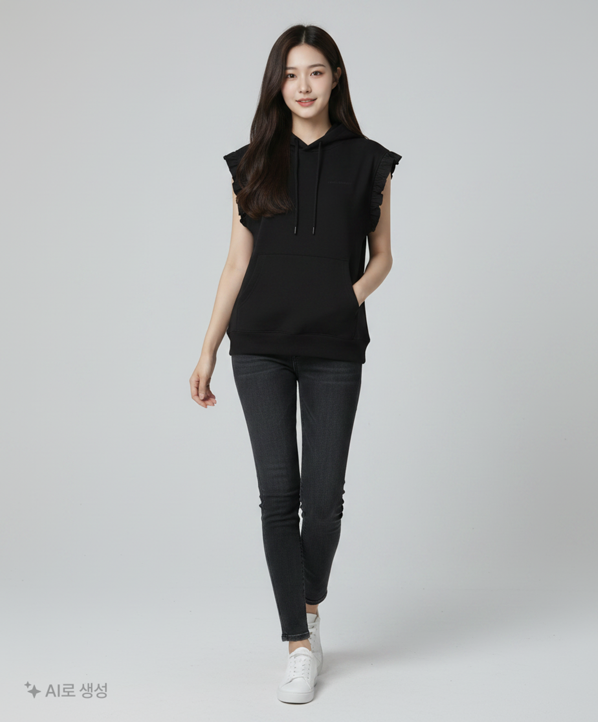 쓰리투에이티(THREE TO EIGHTY) RUFFLED SWEAT HOODIE (BLACK) OS