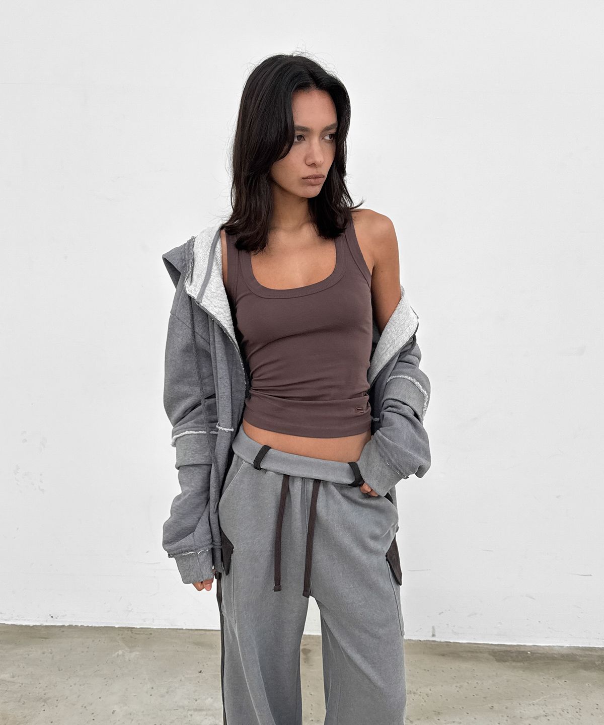 샌드릭(SANDRIC) Layered Hood Zip Up_Melange Charcoal