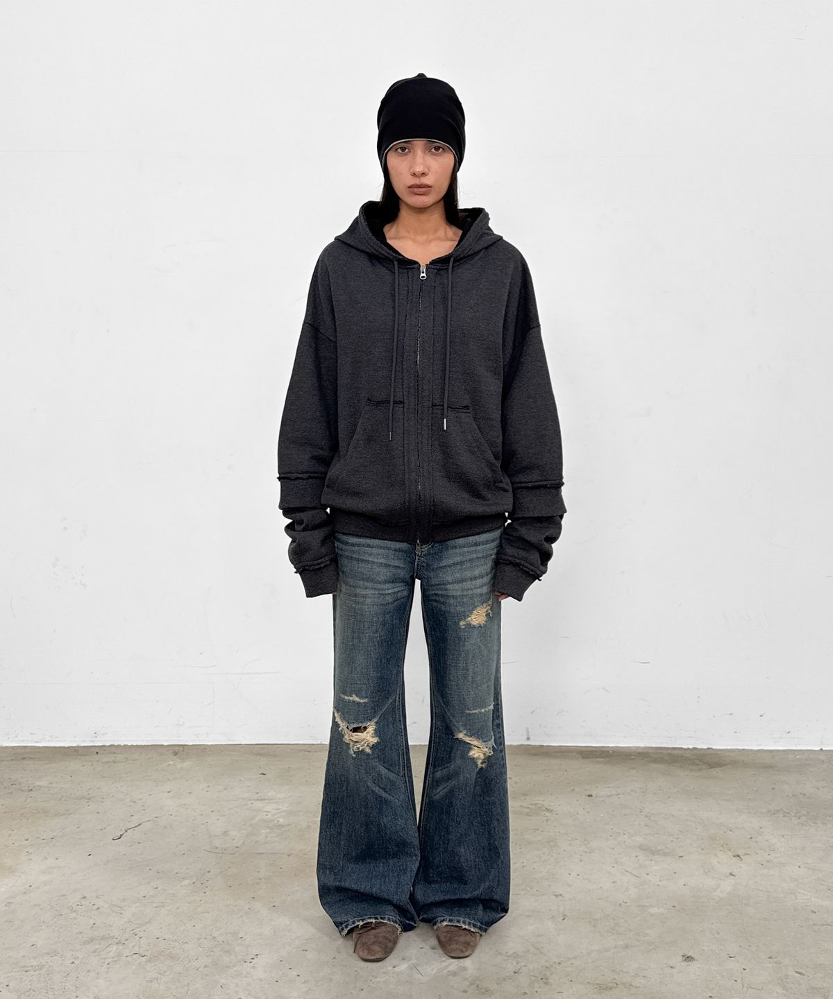 샌드릭(SANDRIC) Layered Hood Zip Up_Charcoal