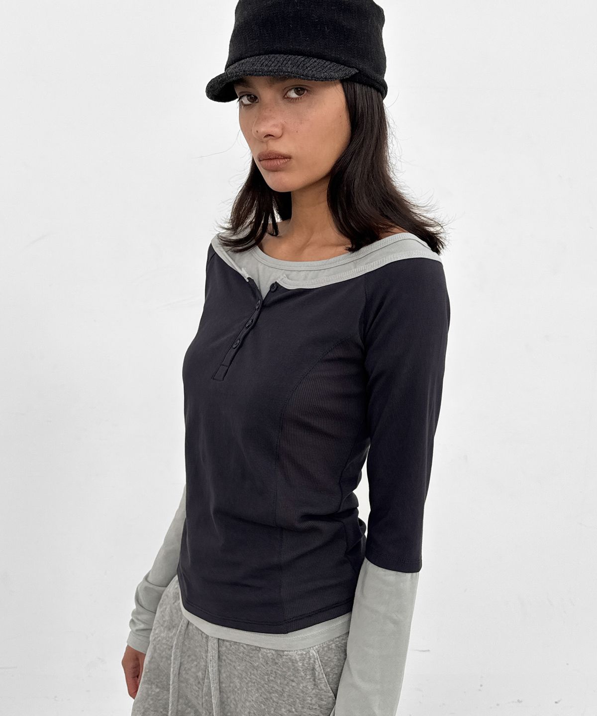 샌드릭(SANDRIC) Layered Boat Neck Tee_Navy