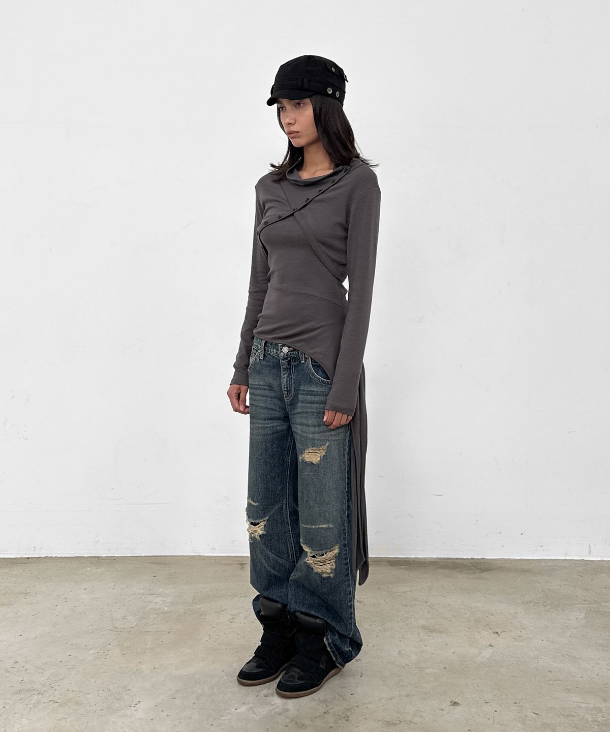샌드릭(SANDRIC) Halter Layered Tee_Charcoal