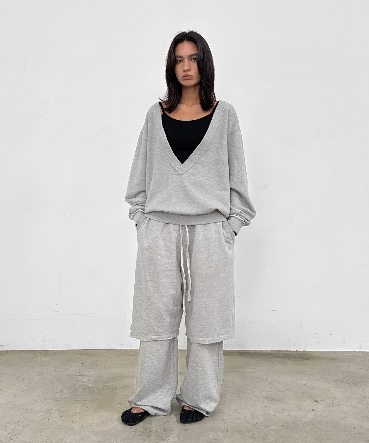 샌드릭(SANDRIC) Layered sweat Pants_Melange grey