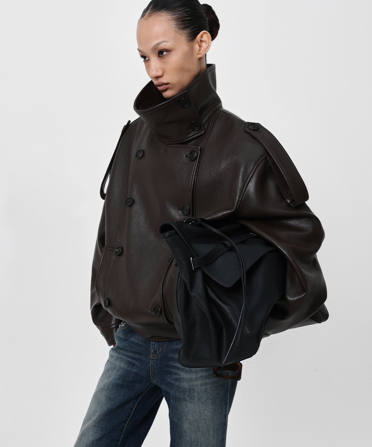샌드릭(SANDRIC) LINE.02 high neck leather jacket_brown