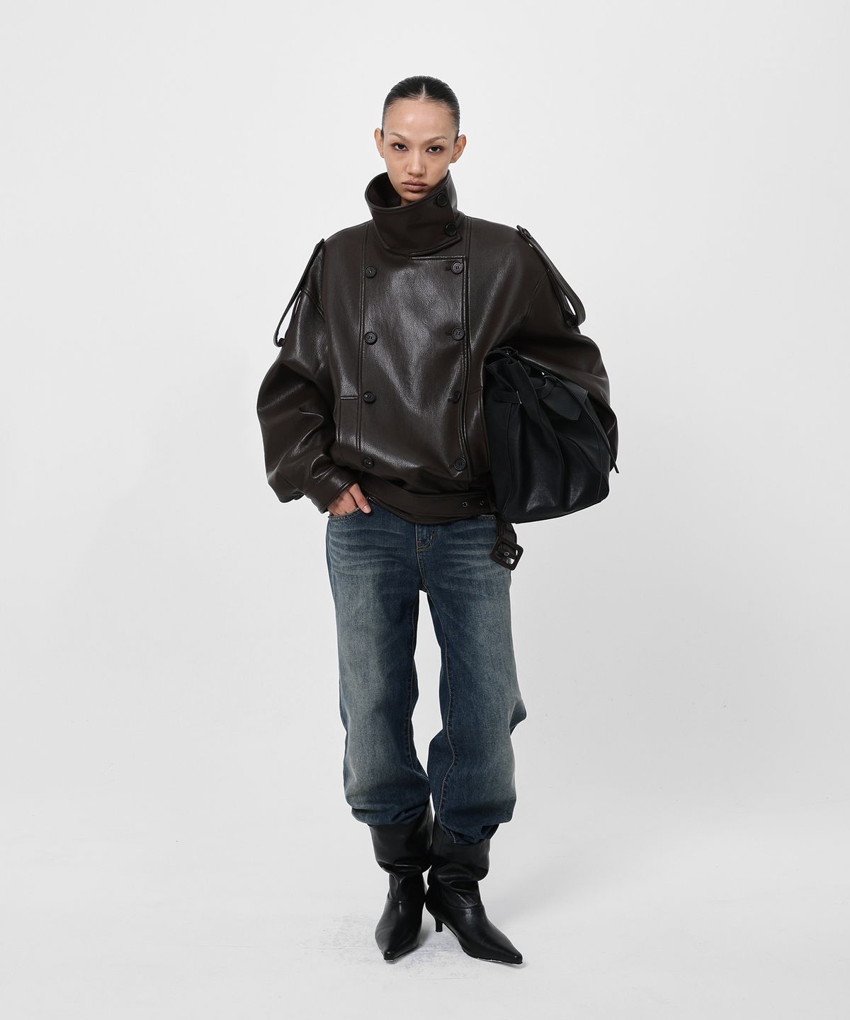 샌드릭(SANDRIC) LINE.02 high neck leather jacket_brown