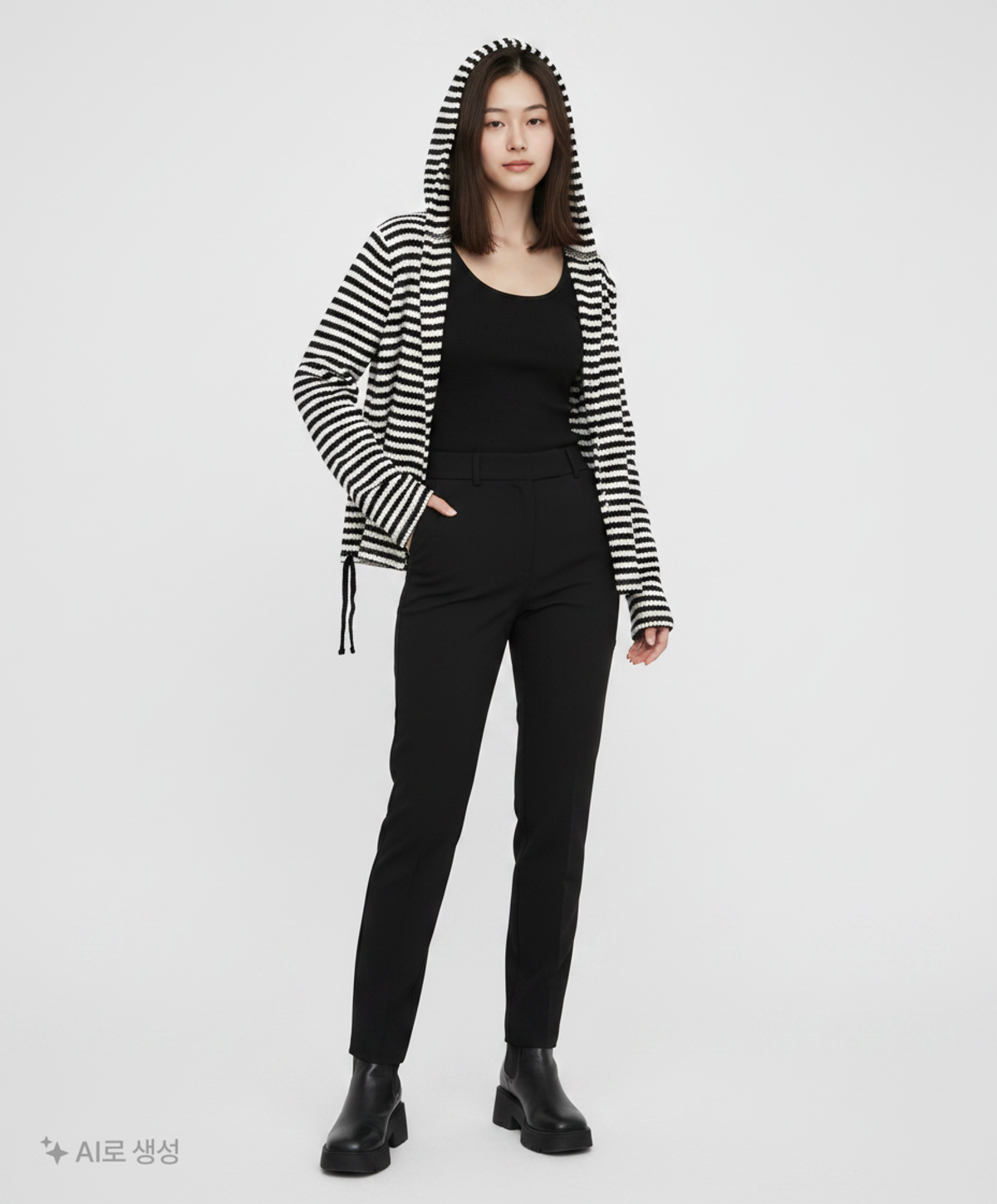 꼬모니노즈(COMONINOZ) W STRIPE CARDIGAN [BLACK] FREE