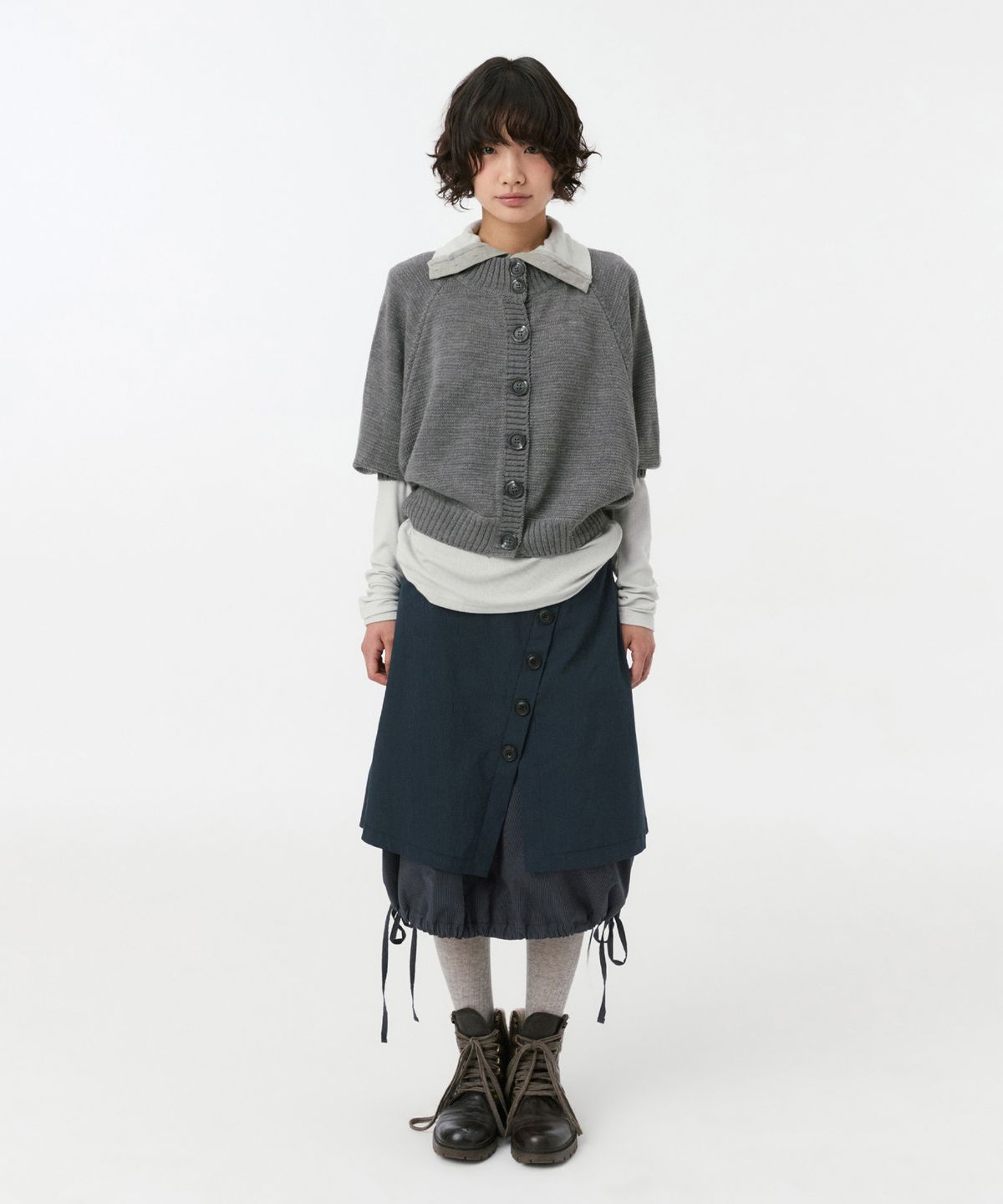 오헤시오(OHESHIO) BUTTON STRING LAYERED WRAP SKIRT, NAVY