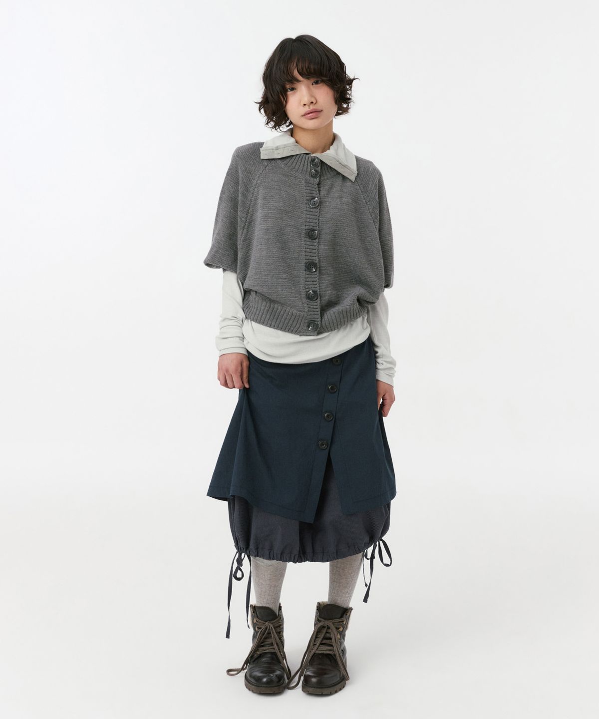 오헤시오(OHESHIO) BUTTON STRING LAYERED WRAP SKIRT, NAVY