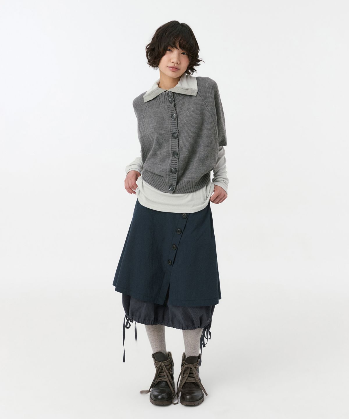 오헤시오(OHESHIO) BUTTON STRING LAYERED WRAP SKIRT, NAVY