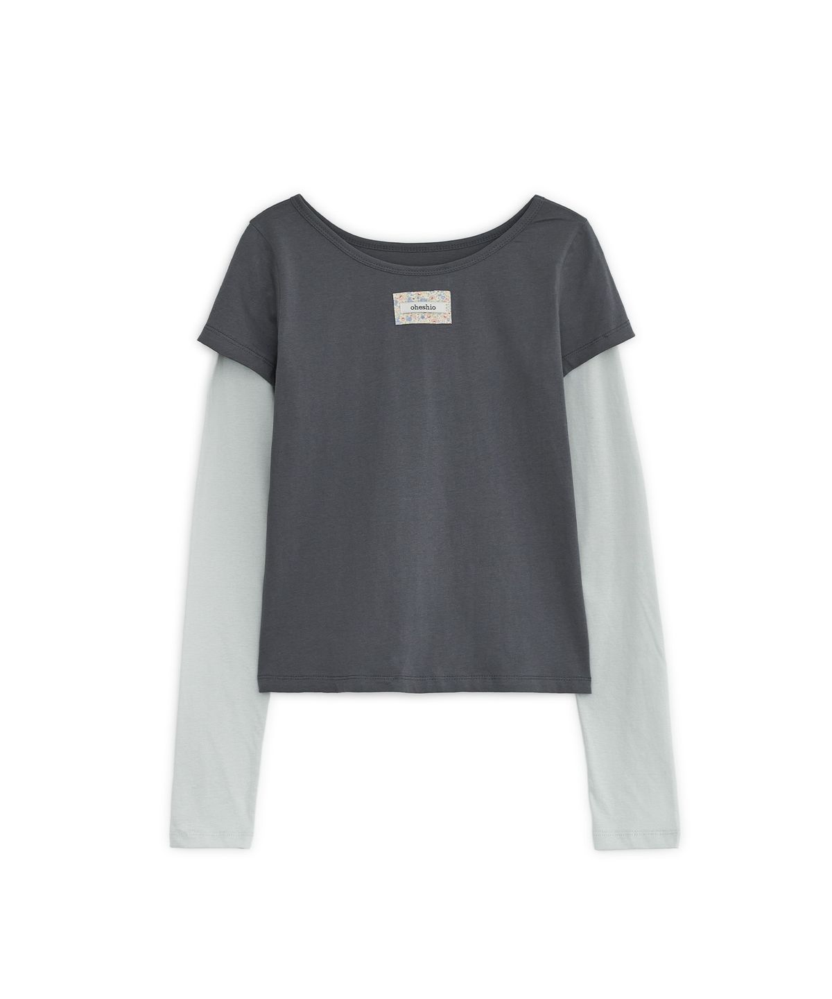 오헤시오(OHESHIO) FLORAL LABEL LAYERED T-SHIRT, CHARCOAL