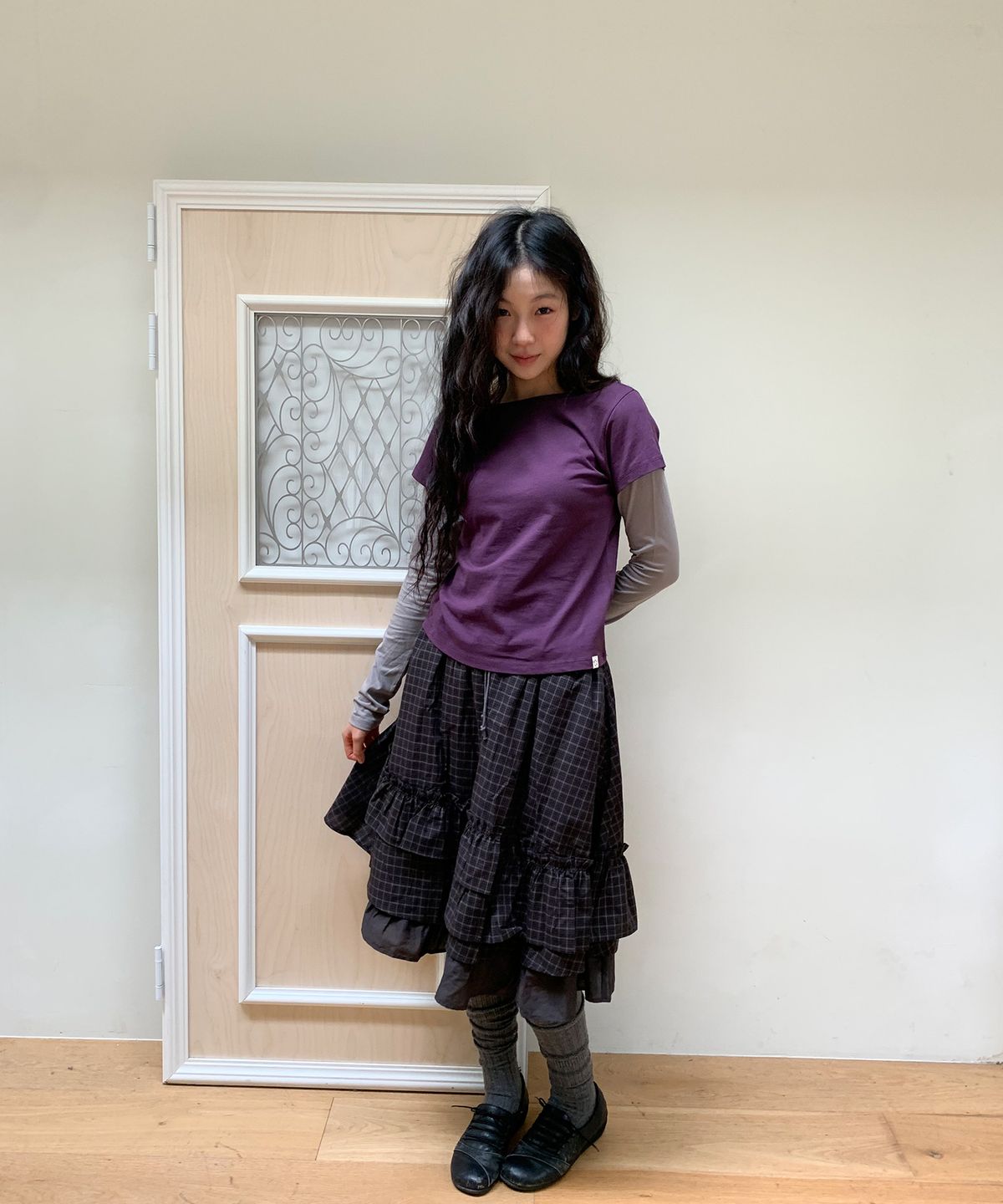 오헤시오(OHESHIO) FLORAL LABEL LAYERED T-SHIRT, PURPLE