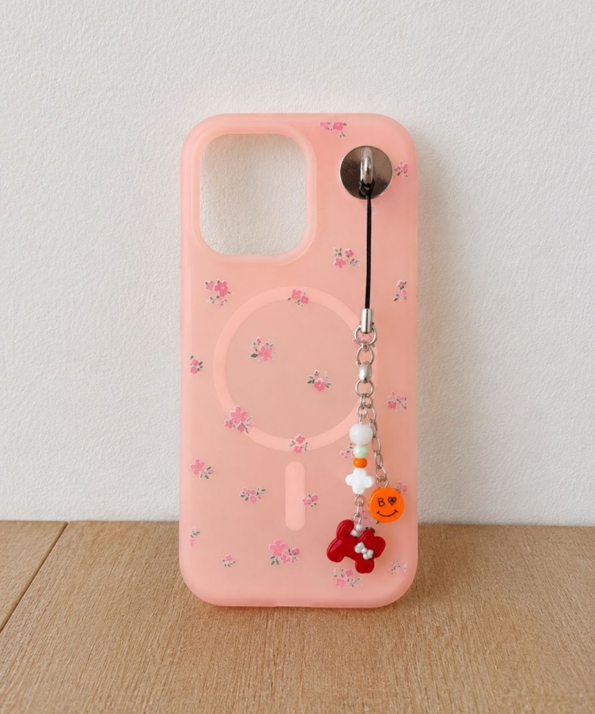 봉보(BONBEAU) Acrylic smile & red puppy phone charm strap 아크릴 스마일 앤 레드강아지 폰참 비즈 핸드폰 키링