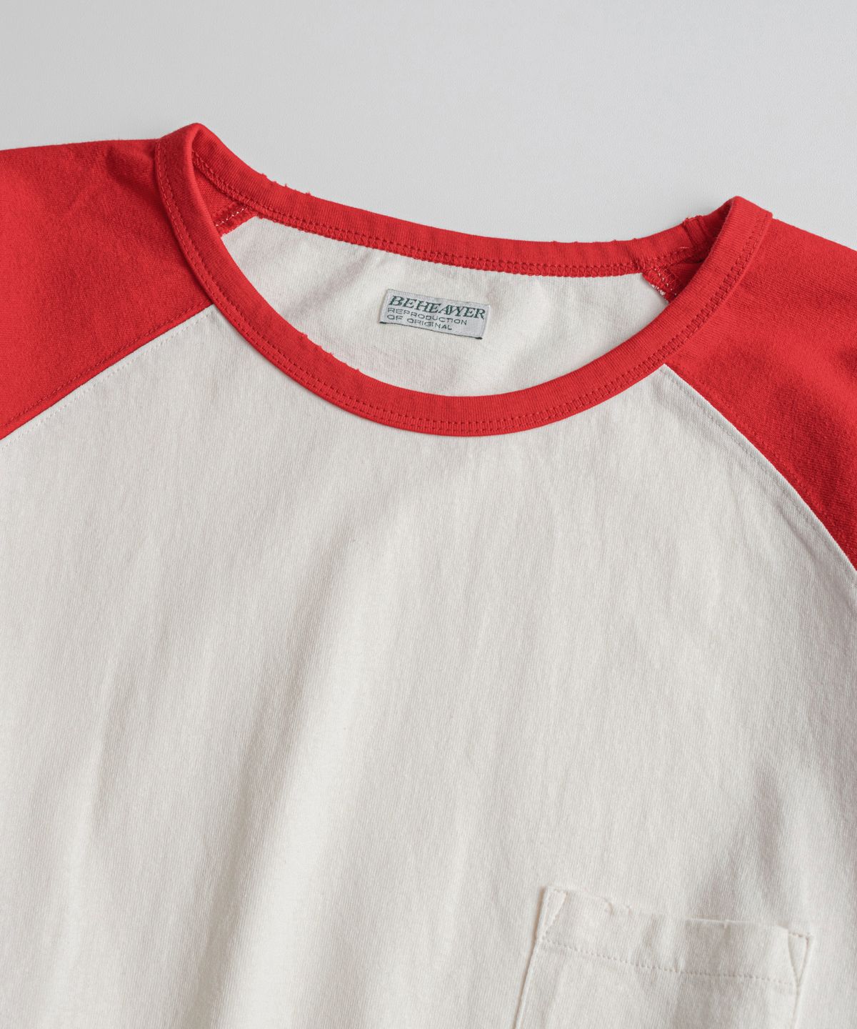 비헤비어(BEHEAVYER) DISTRESSED BASEBALL L/S SHIRTS natural/red