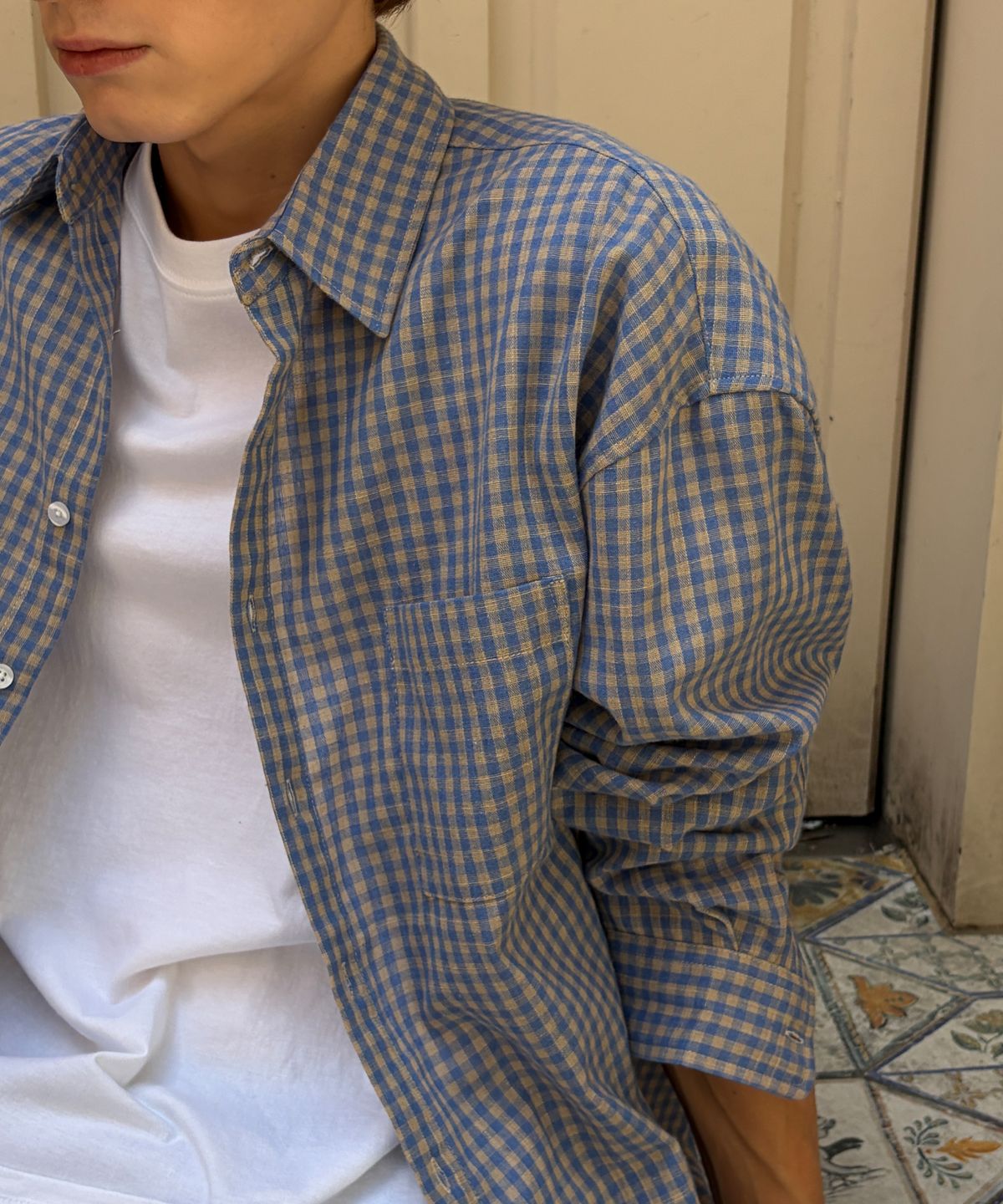 오우사(OWSA) 클래식 깅엄 체크셔츠 - 스카이
