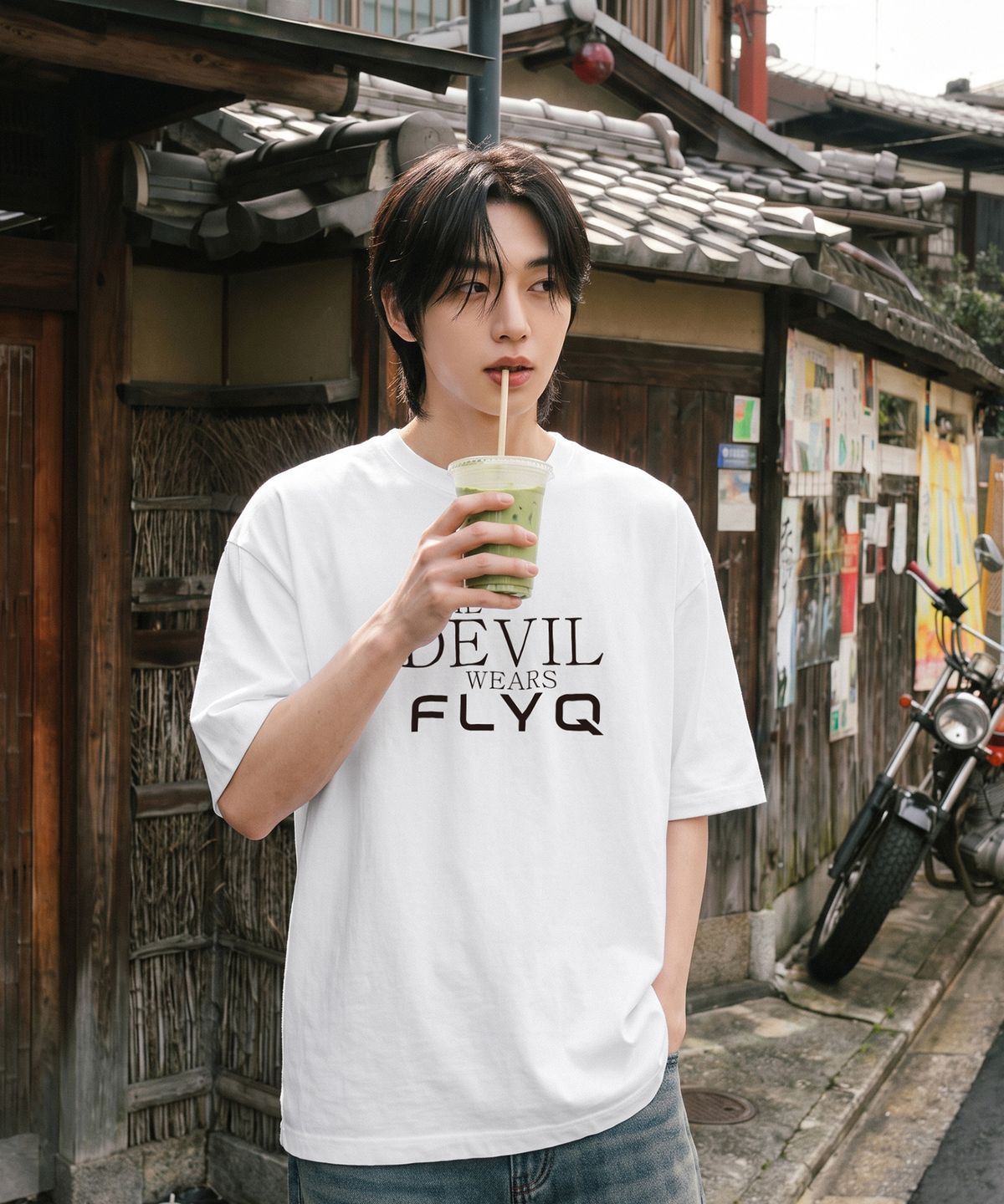 플라이크(FLYQ) 데빌 나염 반팔 티셔츠 / WHITE
