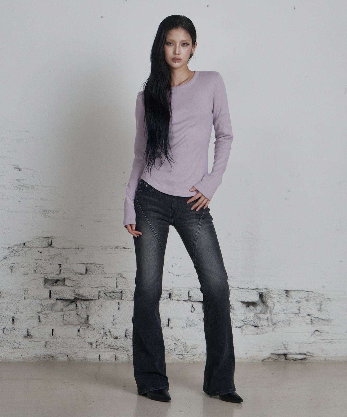 큐리티(CURETTY) C 90S LINE BASIC LONG SLEEVE T-SHIRT_SMOKE PINK