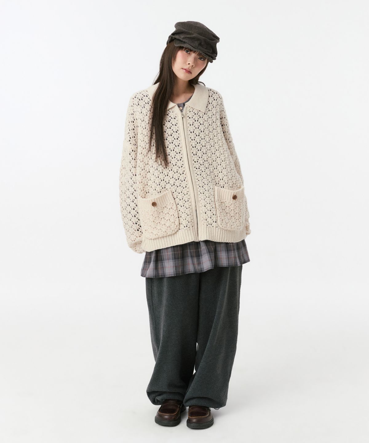 오헤시오(OHESHIO) CROCHET KNIT ZIP-UP, CREAM