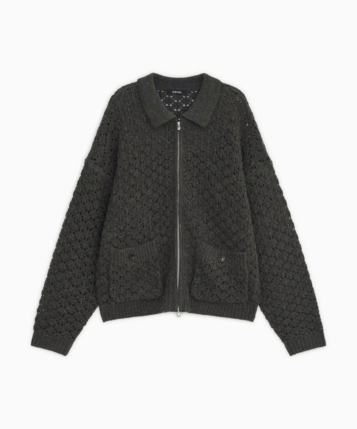 오헤시오(OHESHIO) CROCHET KNIT ZIP-UP, CHARCOAL