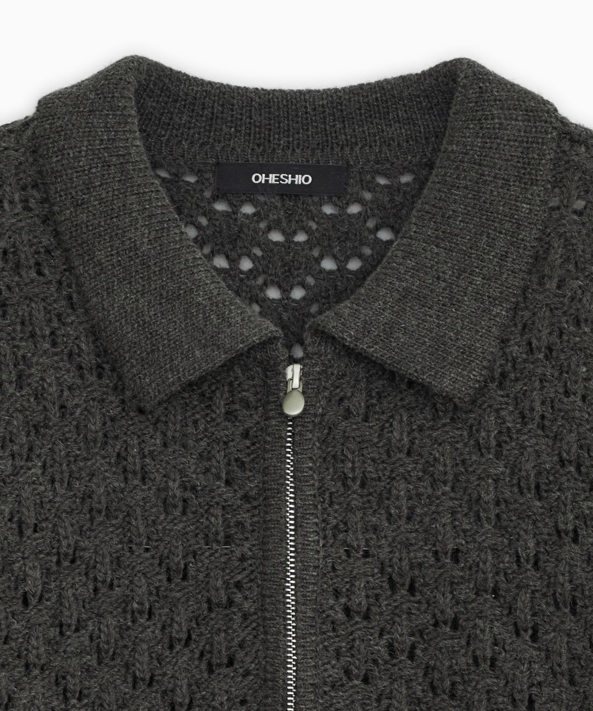 오헤시오(OHESHIO) CROCHET KNIT ZIP-UP, CHARCOAL