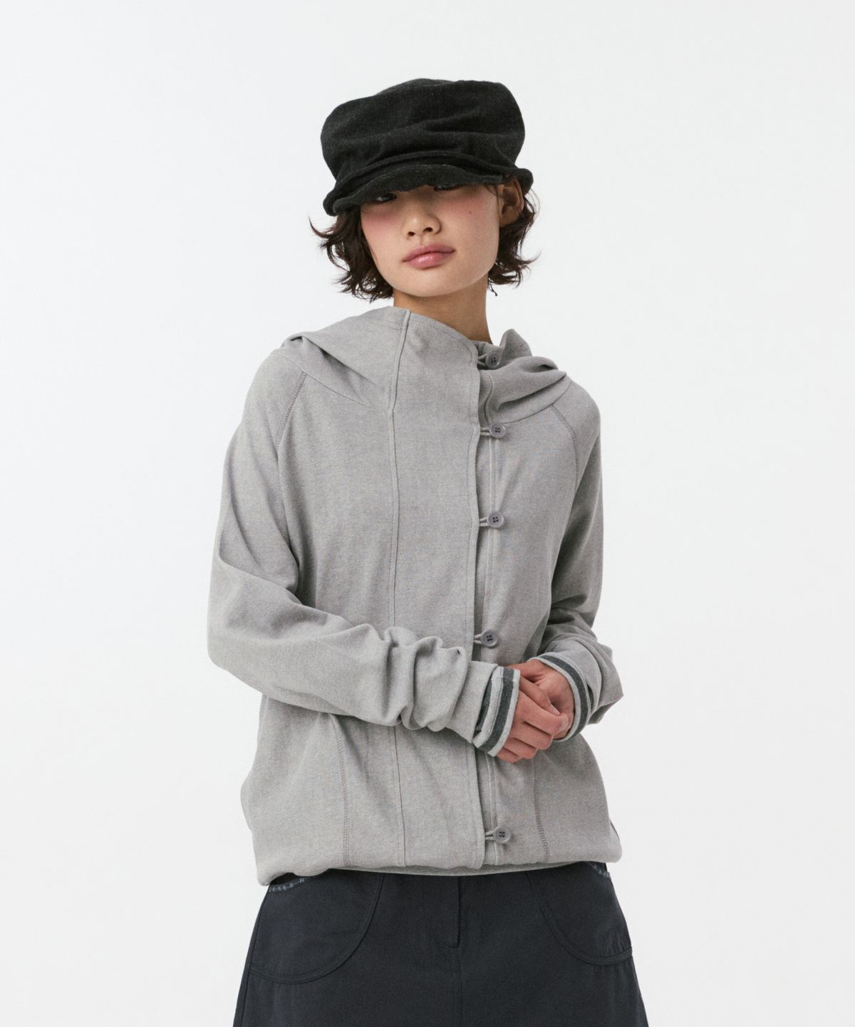 오헤시오(OHESHIO) RAGLAN BUTTON HOODED ZIP-UP, GRAY