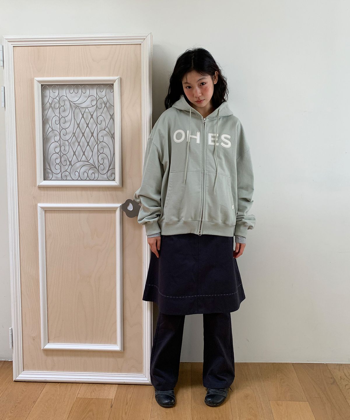 오헤시오(OHESHIO) LOGO PATCH HOODED ZIP-UP, SAGE MINT