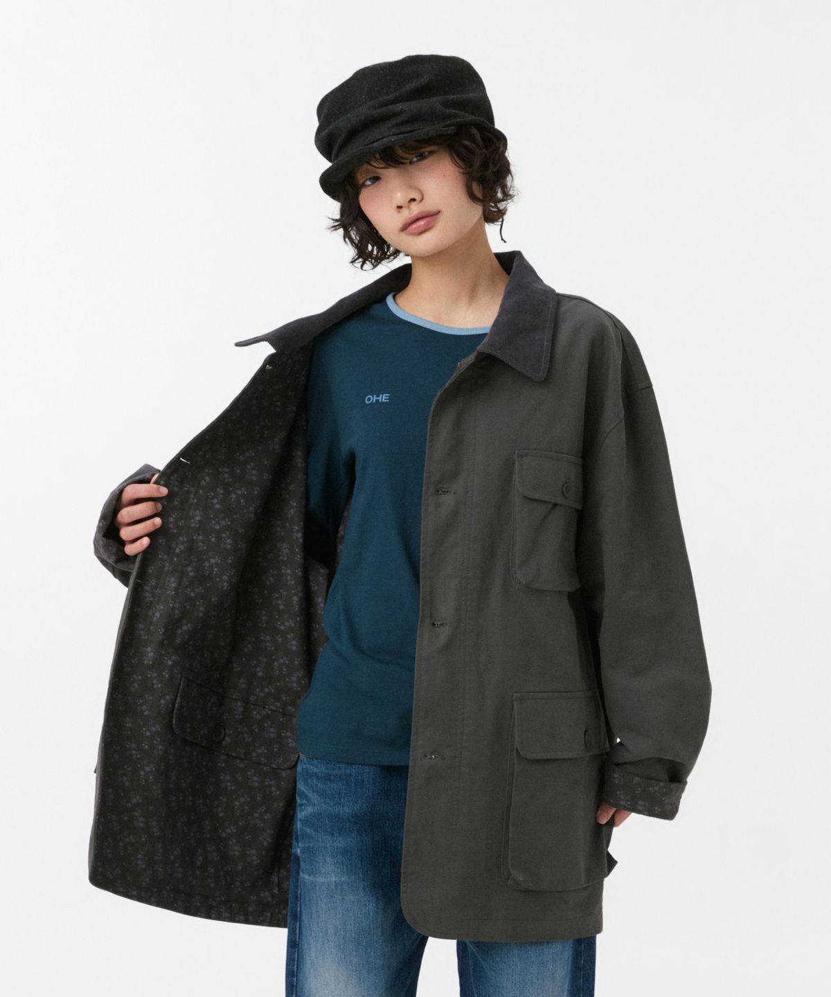 오헤시오(OHESHIO) REVERSIBLE FLORAL COTTON JACKET, CHARCOAL