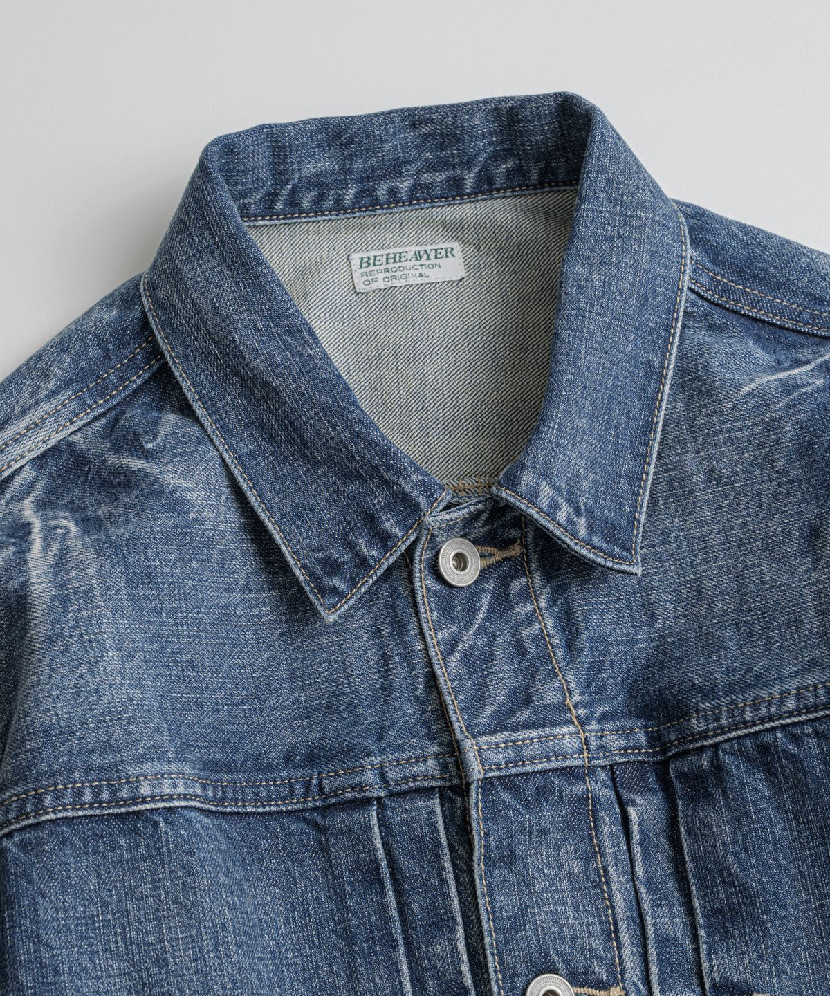 비헤비어(BEHEAVYER) DISTRESSED TYPE-1 DENIM JACKET washed blue