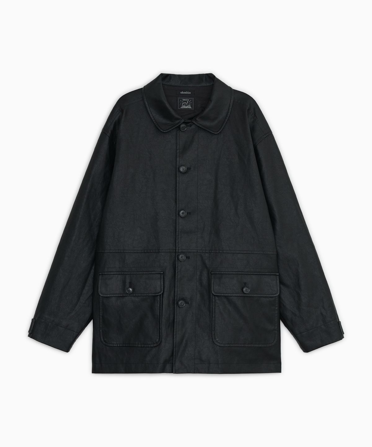 오헤시오(OHESHIO) SIGNATURE LABEL VEGAN LEATHER JACKET, BLACK