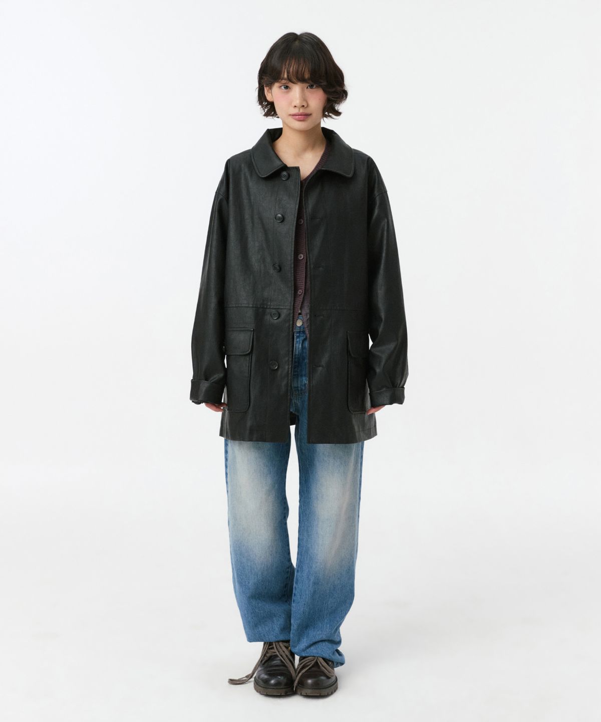 오헤시오(OHESHIO) SIGNATURE LABEL VEGAN LEATHER JACKET, BLACK
