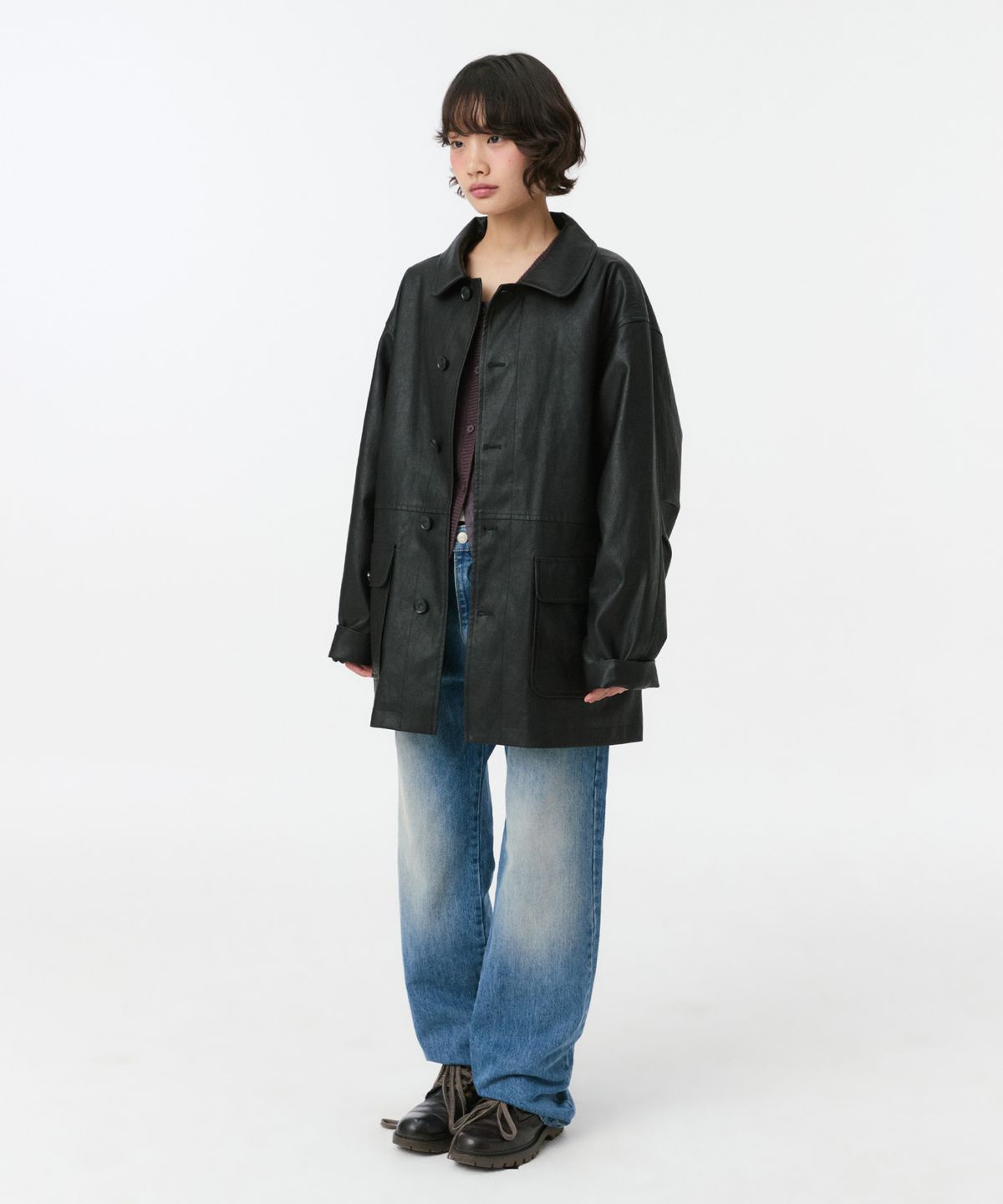 오헤시오(OHESHIO) SIGNATURE LABEL VEGAN LEATHER JACKET, BLACK