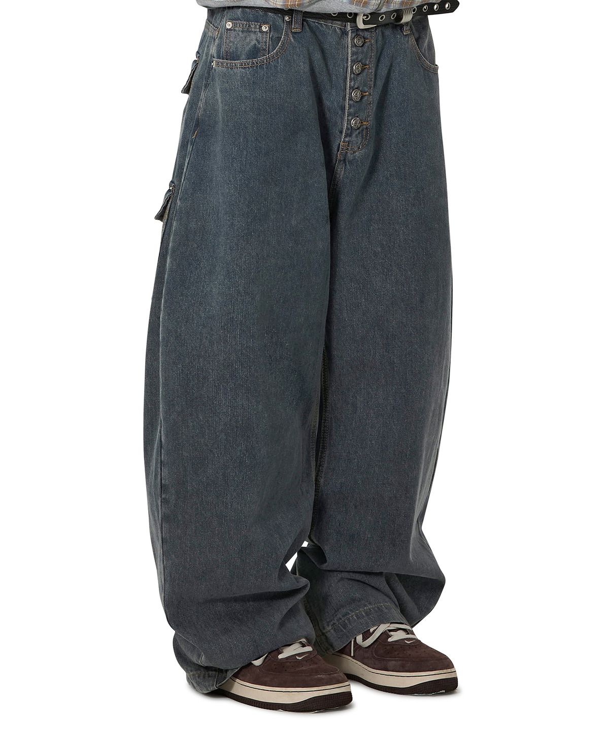 오픈야드(오와이)(OPENYARD(OY)) STACKED POCKET WASHED WIDE VOLUME PANTS - DEEP BLUE