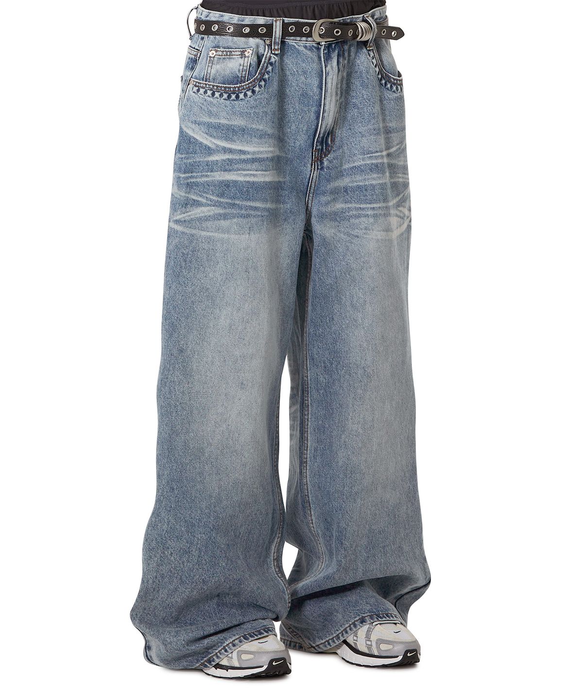 오픈야드(오와이)(OPENYARD(OY)) RELIEF WASHED WIDE HEM PANTS - MID BLUE
