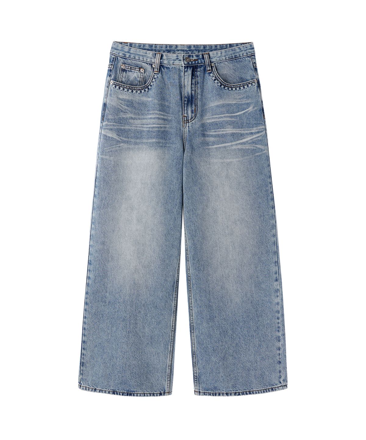 오픈야드(오와이)(OPENYARD(OY)) RELIEF WASHED WIDE HEM PANTS - MID BLUE