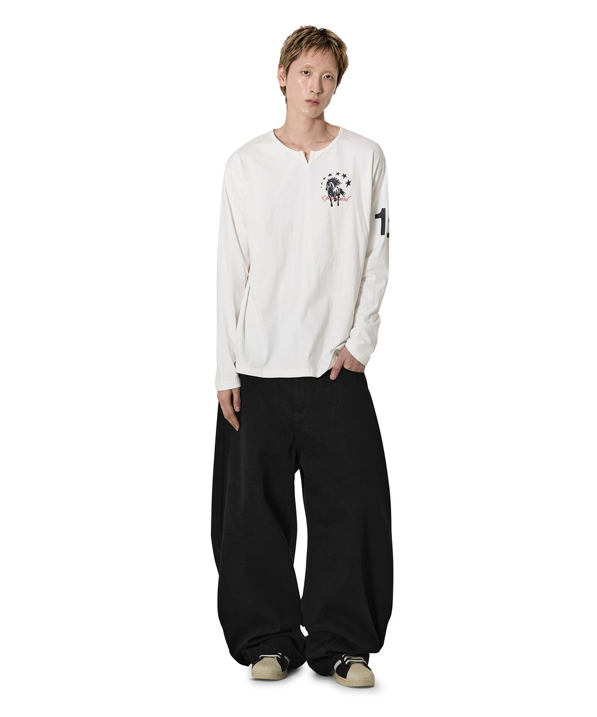 오픈야드(오와이)(OPENYARD(OY)) SLIT NECK HORSE L/S TEE - WHITE