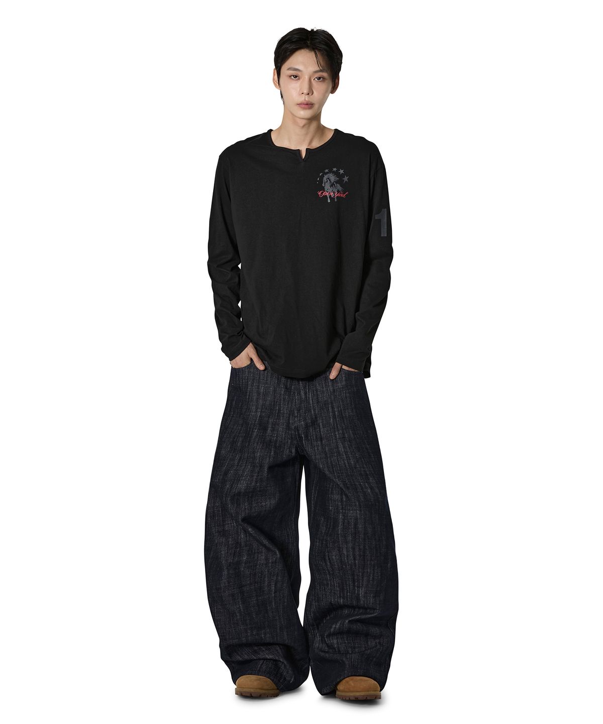 오픈야드(오와이)(OPENYARD(OY)) SLIT NECK HORSE L/S TEE - BLACK